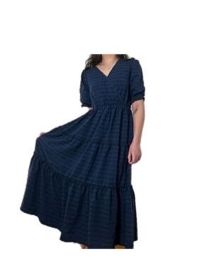 Ophelia Roe Navy Blue Tiered V‑Neck Midi Dress Sz L